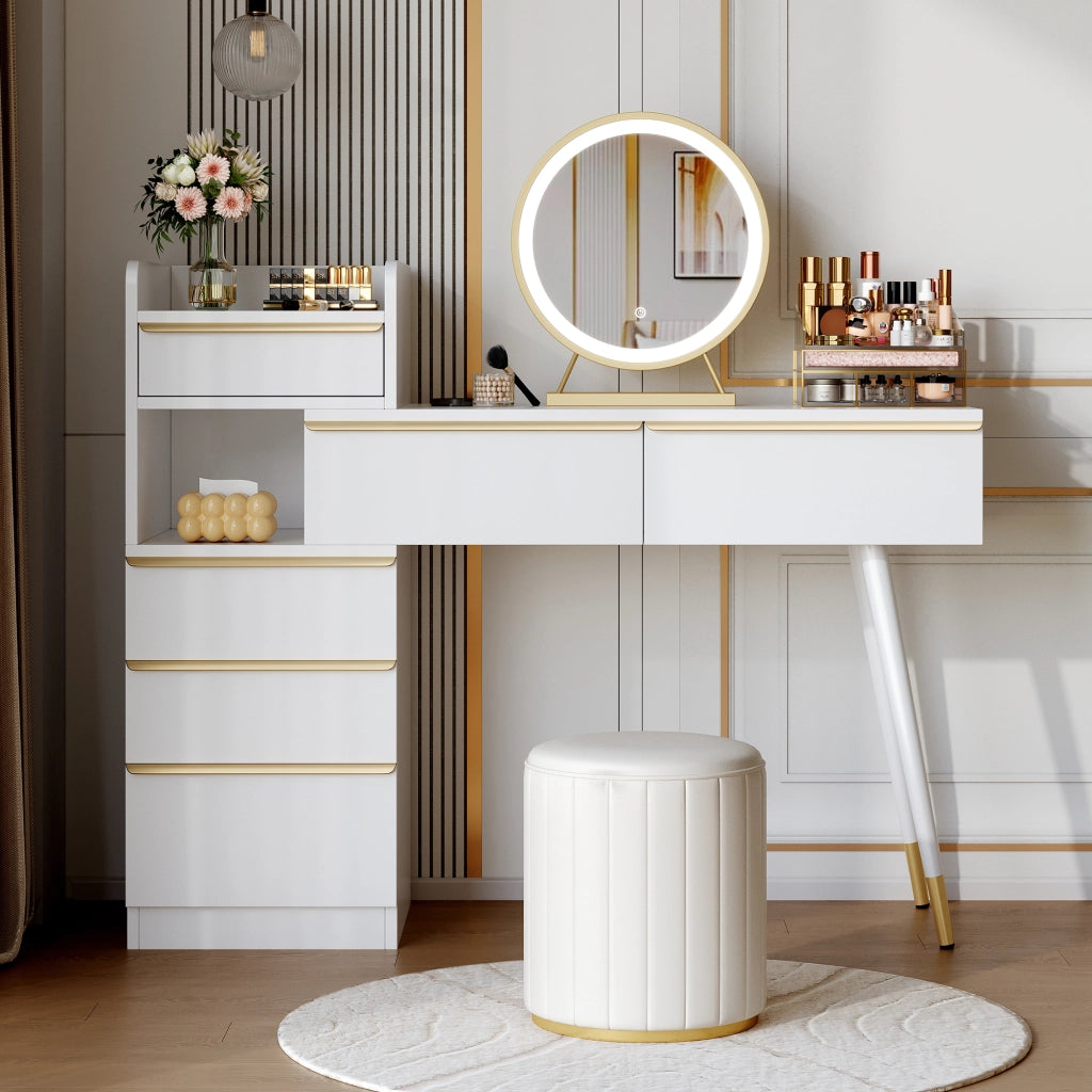 Tavolo da toeletta con 6 cassetti, piano estraibile e specchio LED dimmerabile, bianco, 100 × 41,5 × 102 cm