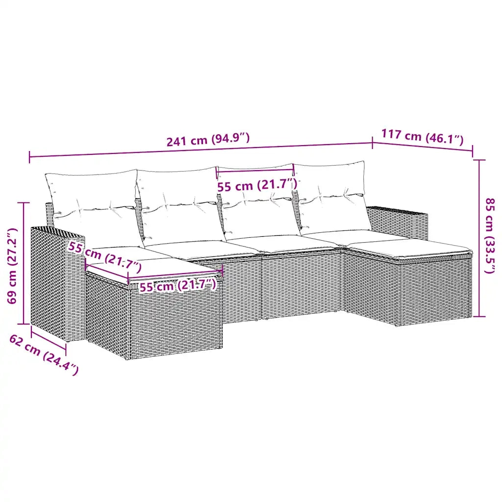 Set Divano da Giardino 6 pz con Cuscini-Sofa da Giardino-Divanetto da esterno Marrone in Polyrattan 443172