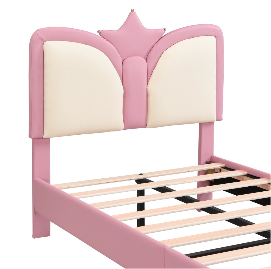 Letto imbottito per bambini 90x200 cm con testiera a corona in PU rosa e bianco