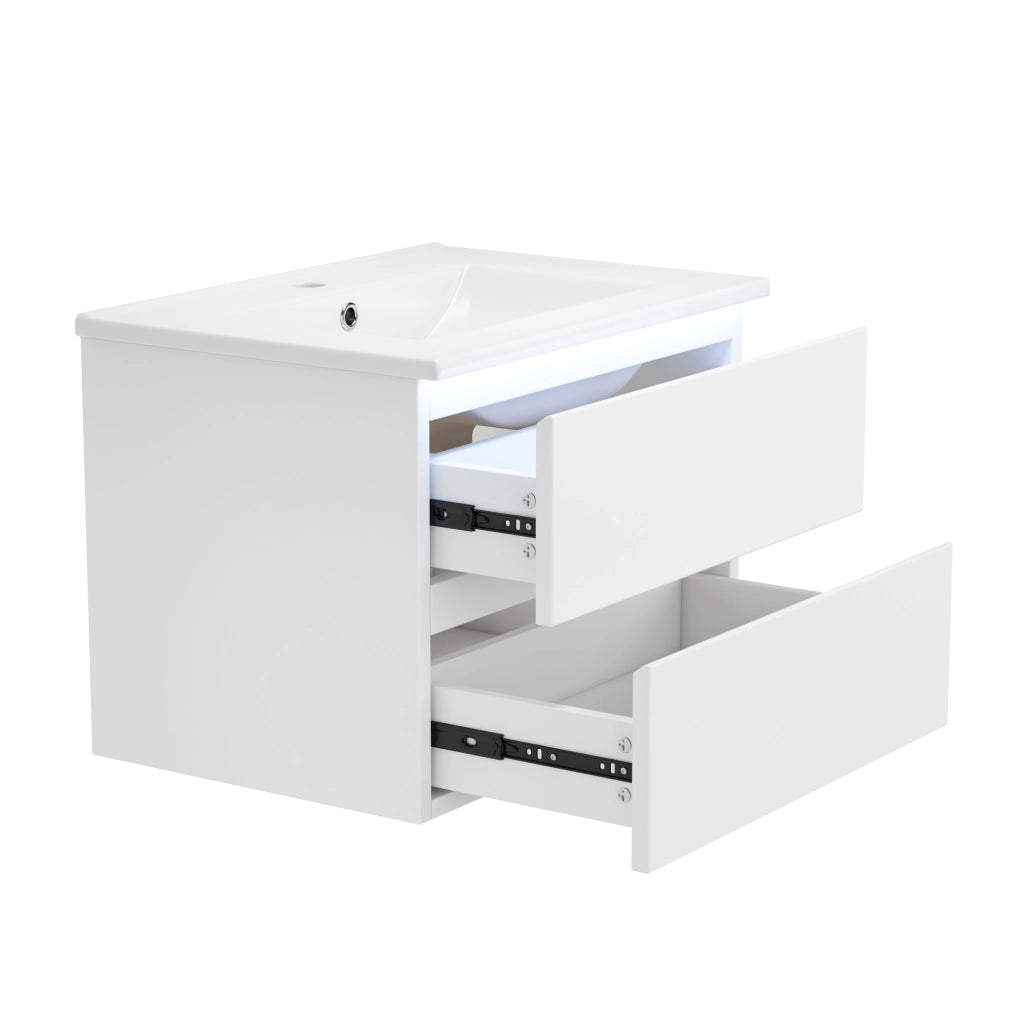 Desviae Mobile sottolavabo sospeso con lavabo in ceramica LED con sensore radar 2 cassetti MDF bianco 61 × 46 × 45 cm