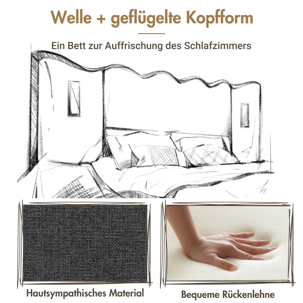 Letto contenitore 180 × 200 cm con testiera ondulata; luce orientabile; USB e Type-C; lino grigio