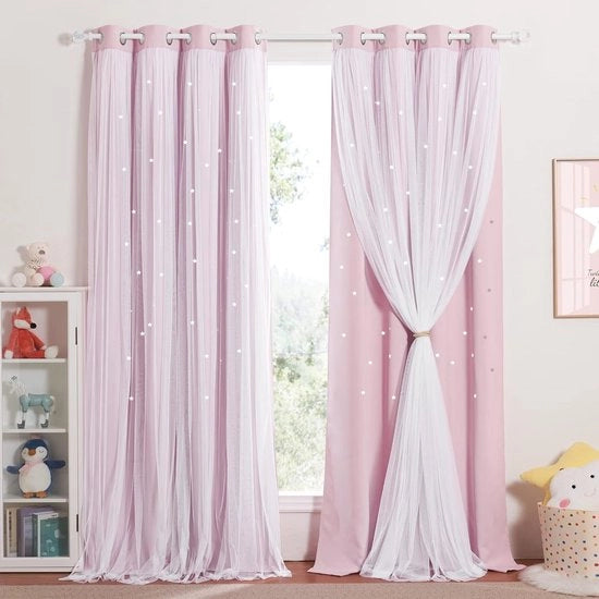 Gordini per camera da bambini per ragazze, con stelle a forma di anello e voile con occhi, set da 2, H 260 x B 132, rosa chiaro