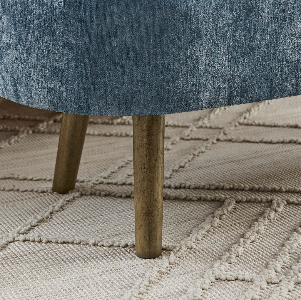 Panca contenitore in tessuto ciniglia blu con struttura in legno massello, 110x40x42 cm, 20L capacità, ideale per soggiorno e ingresso
