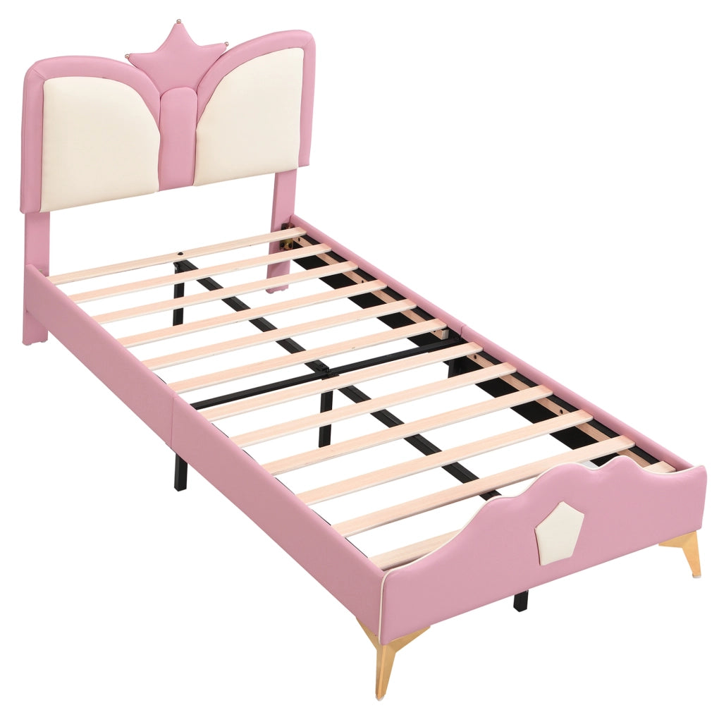 Letto imbottito per bambini 90x200 cm con testiera a corona in PU rosa e bianco