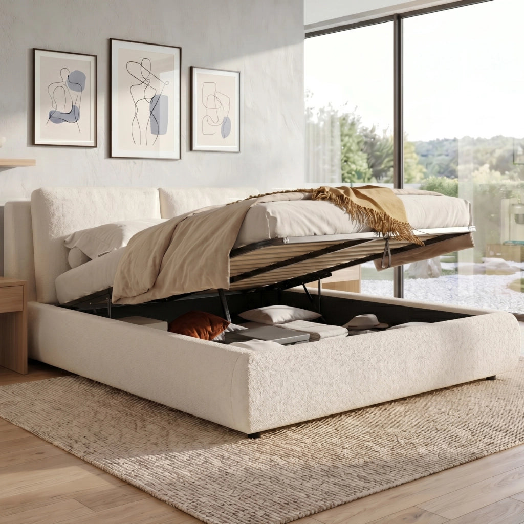Letto contenitore imbottito con testiera in bouclé beige; rete a doghe inclusa e vano sottoletto