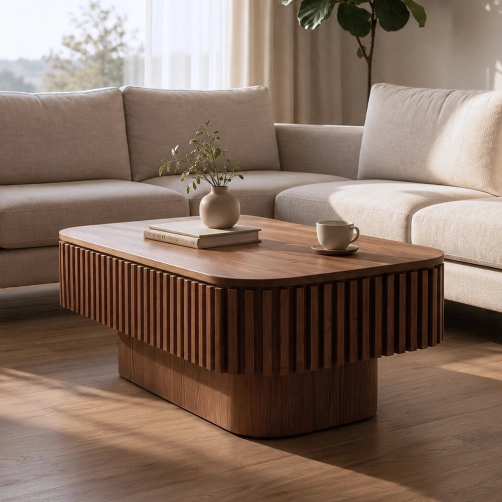 Tavolino basso fisso con vano contenitore nascosto e piano rimovibile in MDF impiallacciato in legno noce per soggiorno