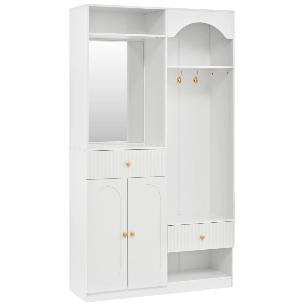 Guardaroba compatto bianco con specchio, panca e LED multicolore, con spazio per scarpe e appendiabiti 100x35x180 cm