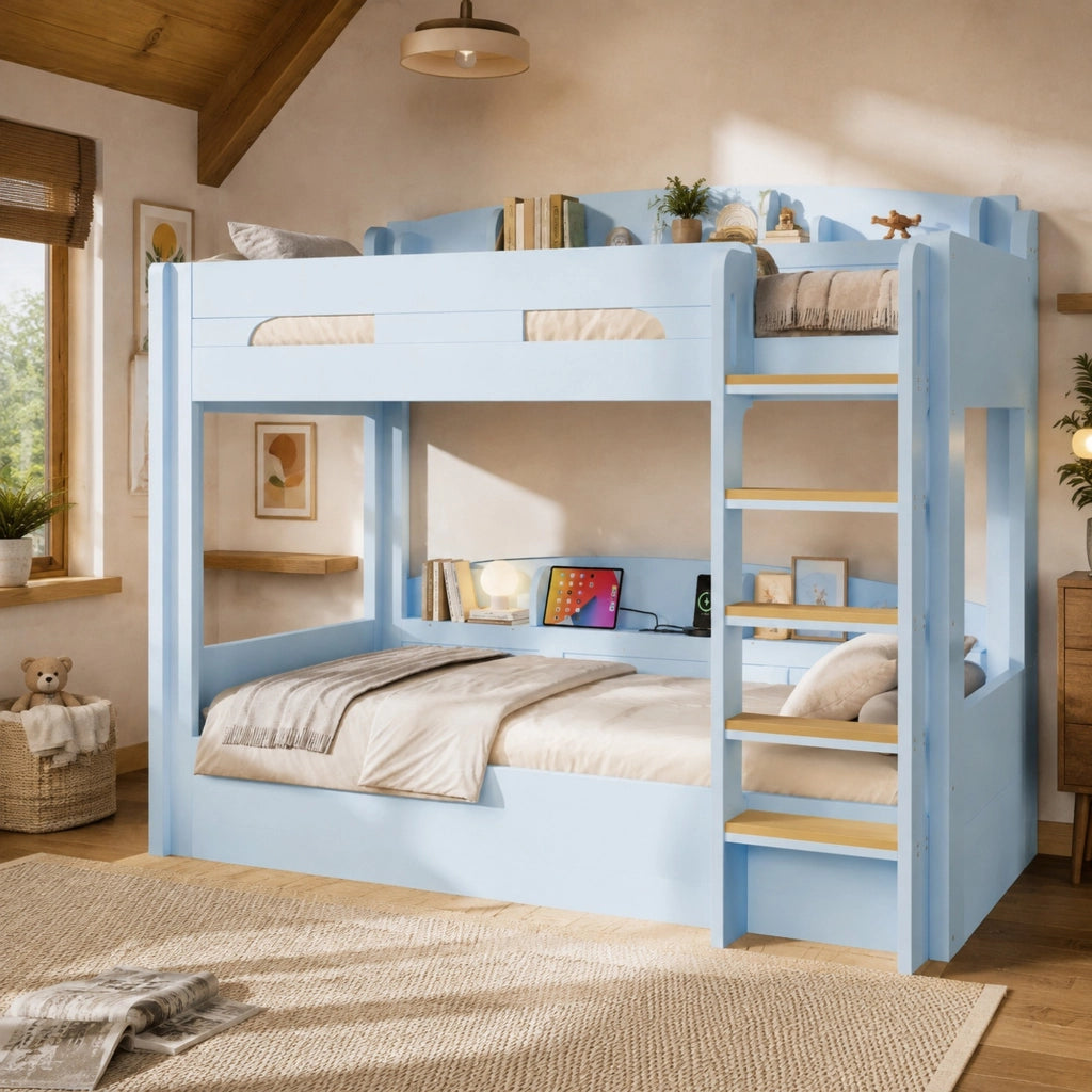 Letto a castello due posti 90 × 200 cm con presa USB e ripiani laterali in legno e MDF blu