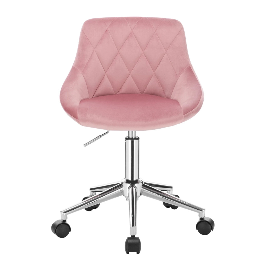 Sedia da ufficio girevole in velluto rosa con ruote e base in metallo, altezza regolabile