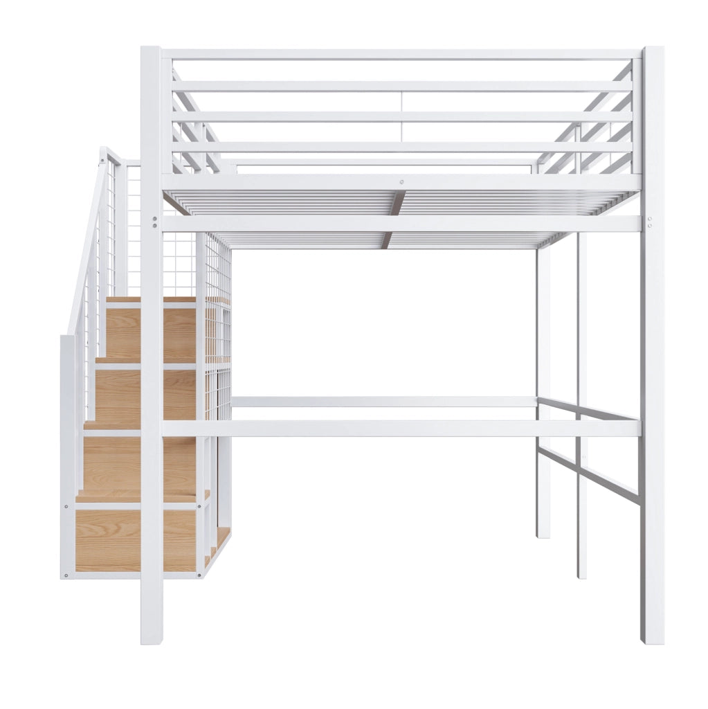 Letto a soppalco in metallo 140x200 cm con scaletta e spazio contenitivo, letto per ragazzi nero e bianco