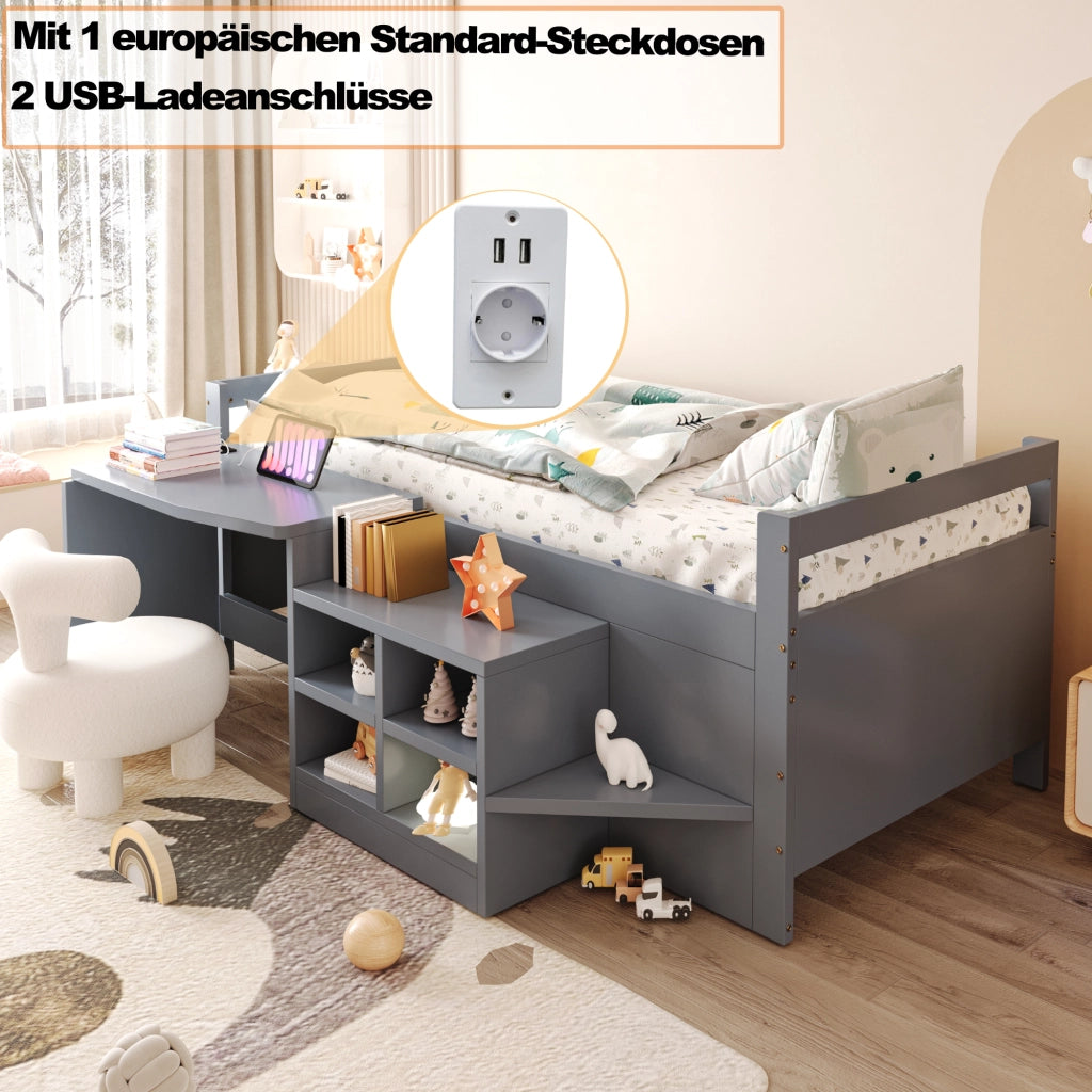 Letto multifunzionale per bambini 90 × 200 cm con scrivania contenitori prese USB gradini grigio in legno
