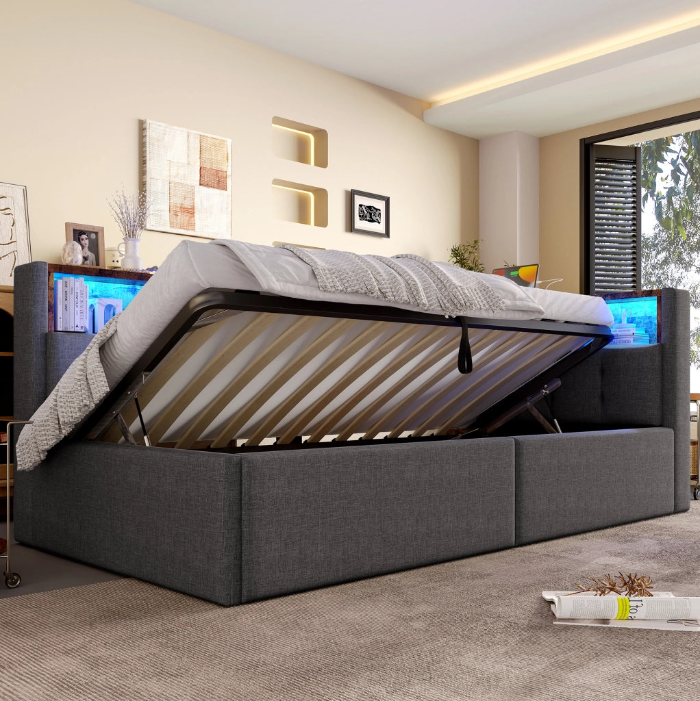 Letto da giorno 90x200 cm con contenitore idraulico; LED multicolore; USB e Type-C; lino grigio