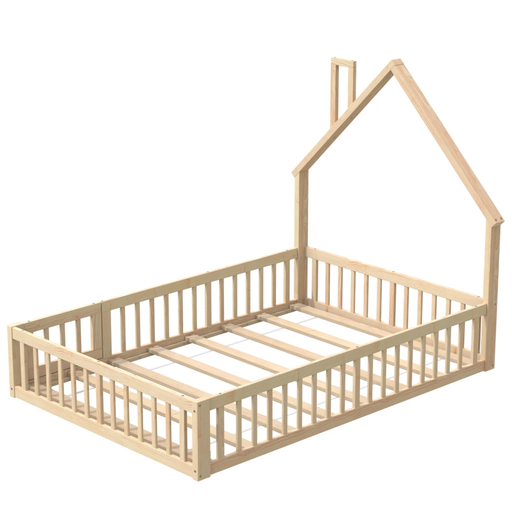 Letto a casetta 140 × 200 cm con barriera di sicurezza, senza materasso, in pino e MDF, naturale