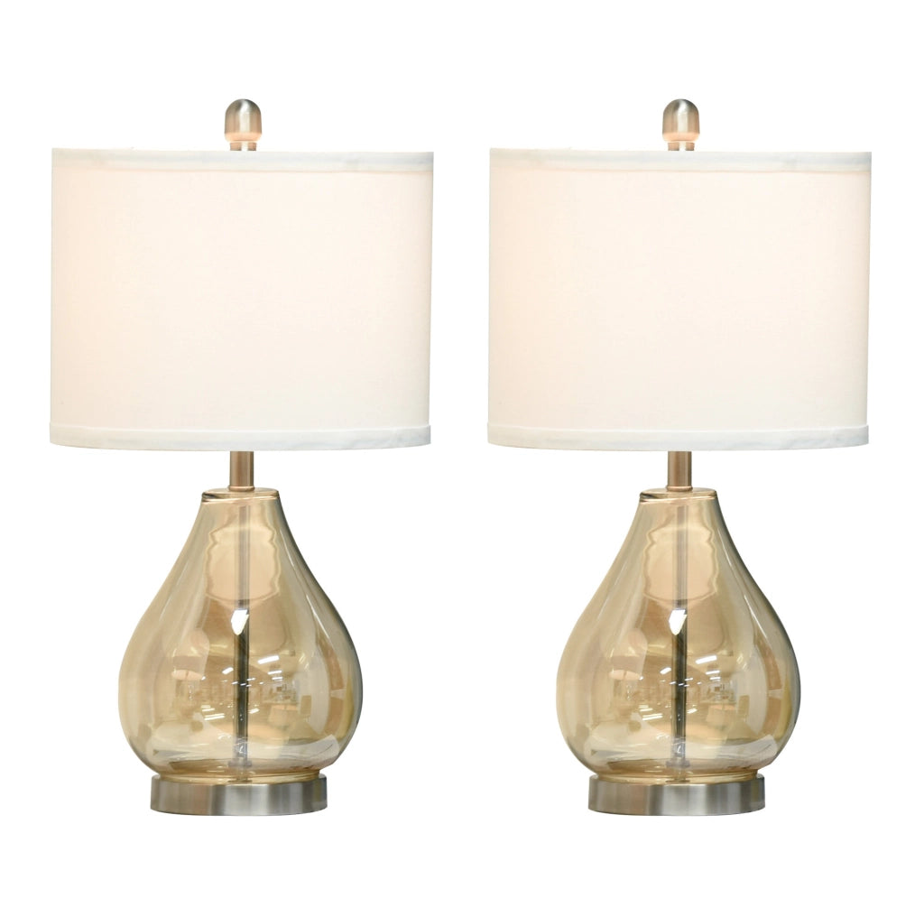Set di 2 lampade da tavolo con base in acciaio e vetro, paralume in lino bianco, attacco E27, 40W, colore ambra, Ø30 x 56 cm