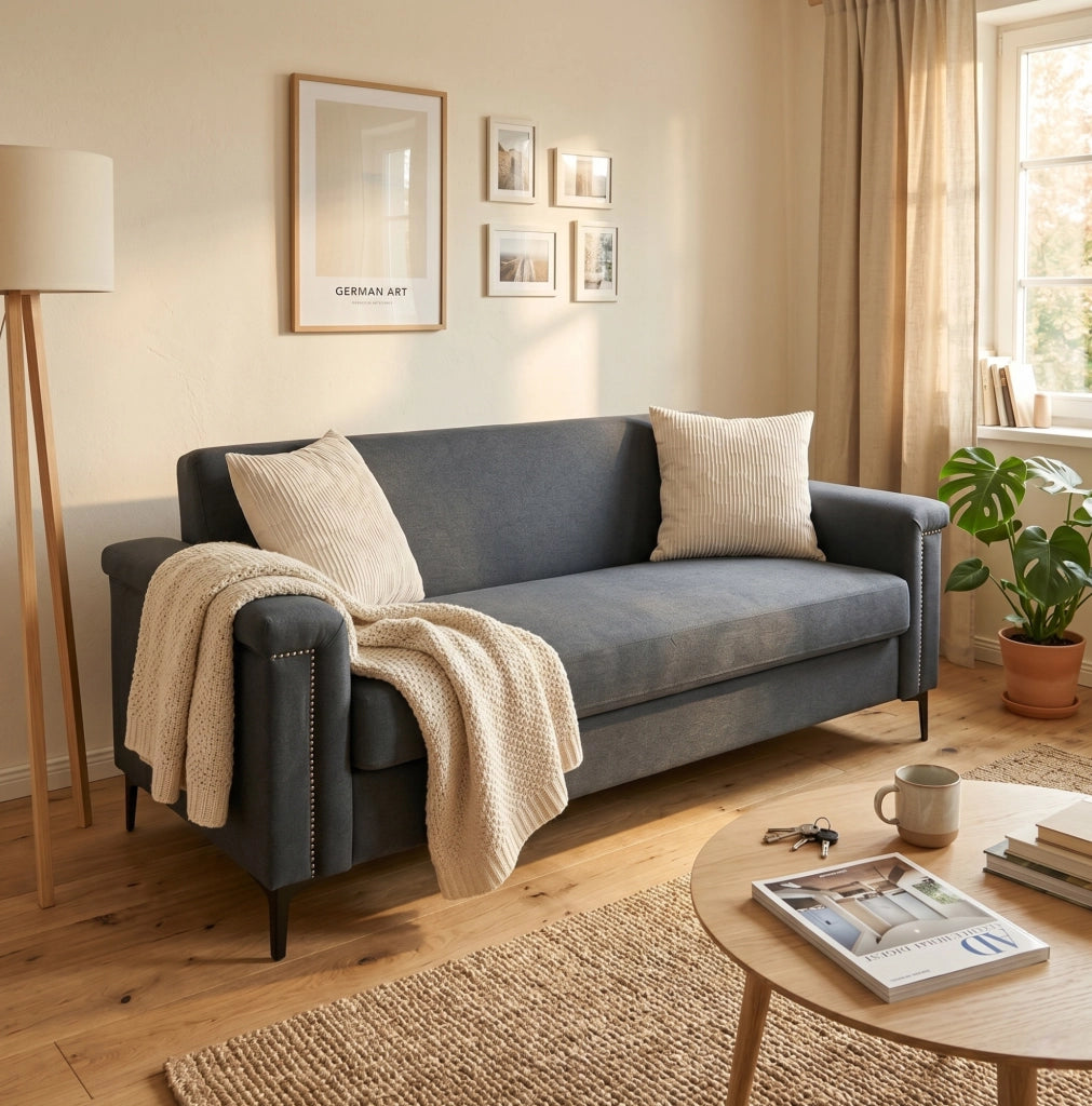 Divano 2 posti nordico in tessuto lino fine, struttura in legno massiccio e gambe in metallo nero 172×72×82 cm