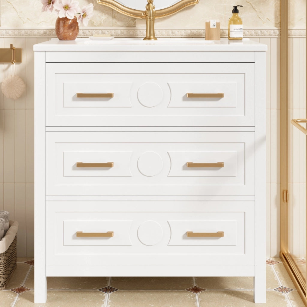 Mobiletto con lavabo in ceramica con 3 cassetti silenziosi in MDF laccato bianco 76.5 × 47 × 82 cm