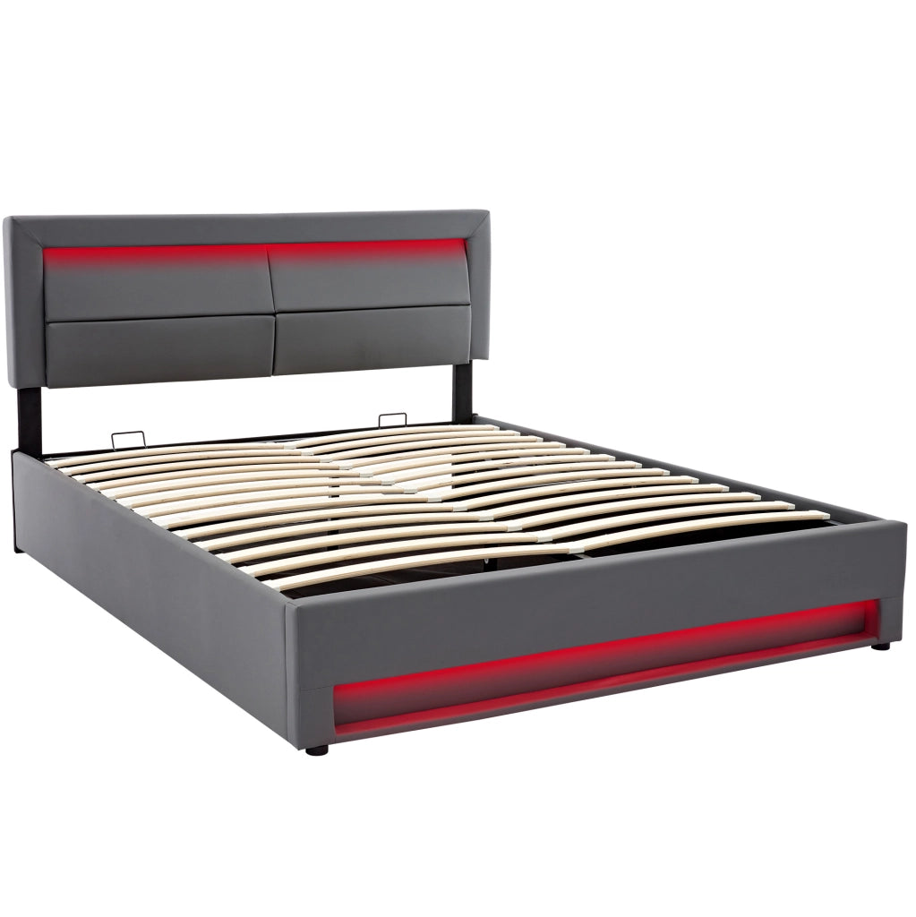 Letto imbottito 140x200 cm con USB; LED e contenitore; PU; grigio
