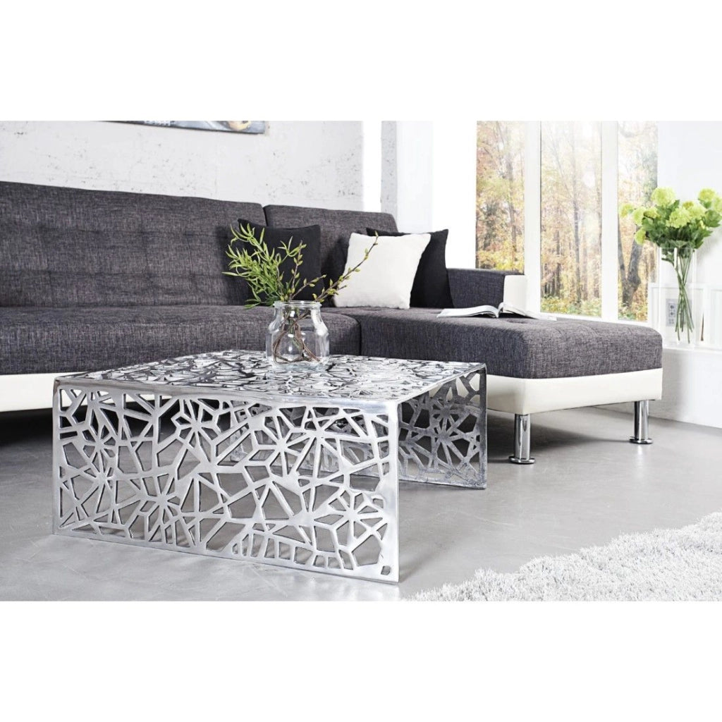 Tavolino basso METRIX quadrato 60 cm – Tavolino basso design in alluminio argentato con motivi geometrici