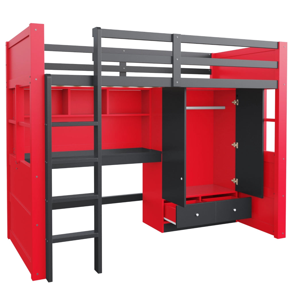 Letto a soppalco 90x200 cm in legno con scaletta, armadio, cassetti, scrivania e illuminazione LED, colore nero e rosso, stile gaming per bambini e ragazzi