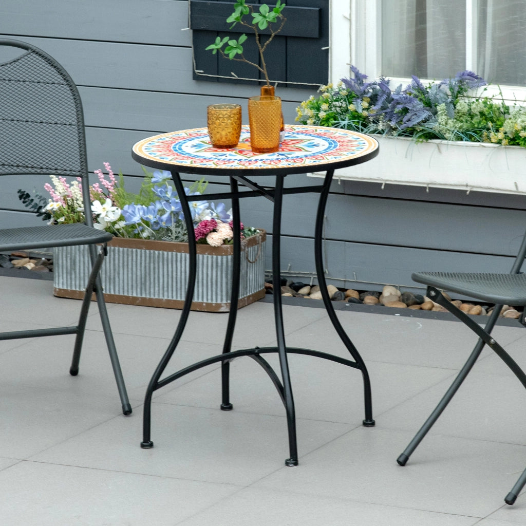 Tavolo da giardino rotondo in metallo con mosaico ceramica Ø60 cm tavolino da balcone e terrazzo resistente per esterno rosso blu e bianco