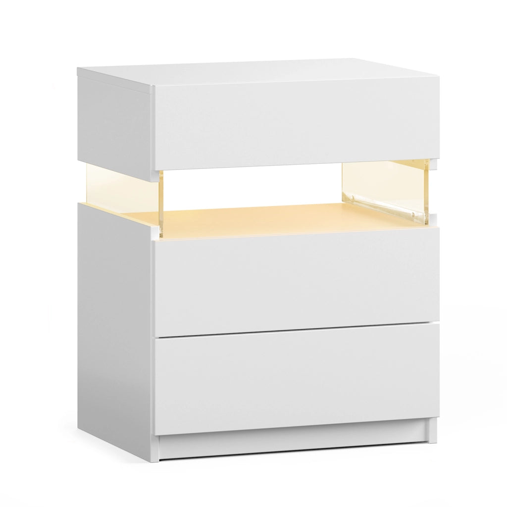 Comodino 3 cassetti con LED e pannello in acrilico per camera da letto bianco