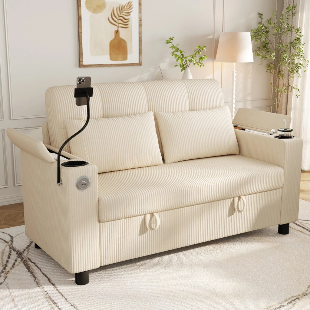 Divano 2 posti con contenitore e USB/Type-C in velluto a coste beige