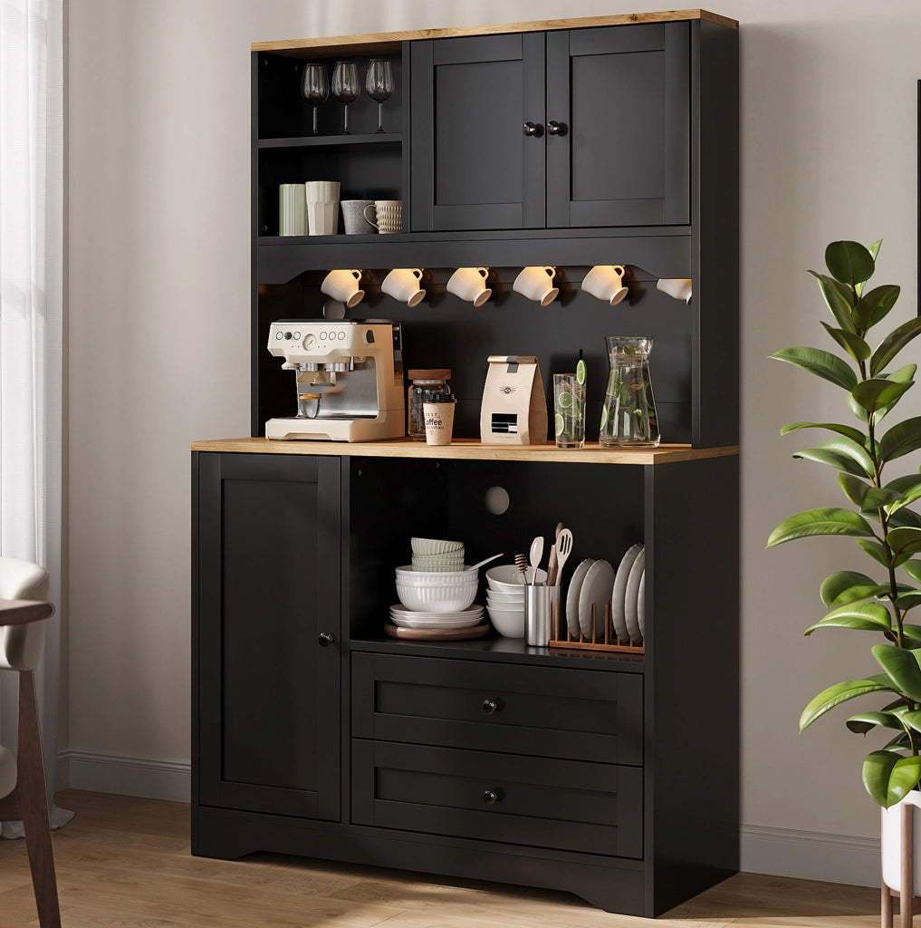 Mobile dispensa cucina 100x40x163 cm con vano microonde; LED e prese USB nero HOMVRA