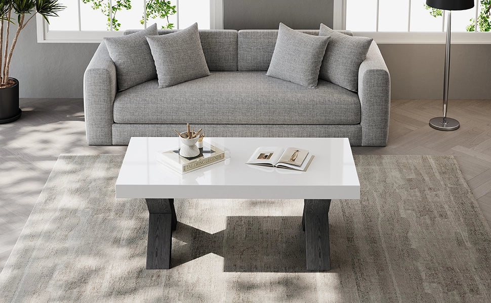 Tavolino basso fisso rettangolare con piano lucido e gambe a X in MDF bianco e nero 100 × 50 × 40 cm
