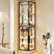 Vetrina angolare in vetro 44×42×164 cm con retro specchiato, illuminazione LED multicolore, bianca
