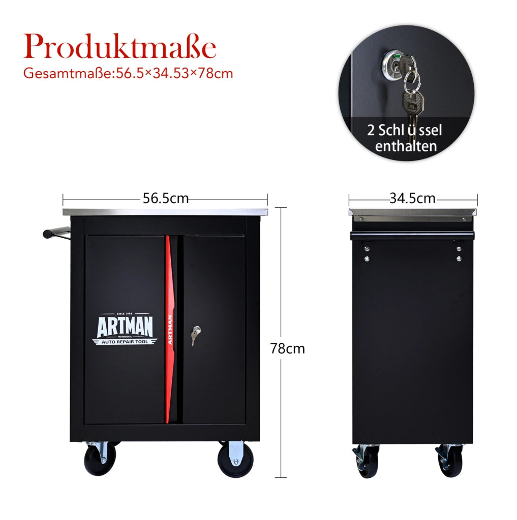 Carrello porta attrezzi multifunzione a due ante in acciaio nero e rosso con ruote e serratura