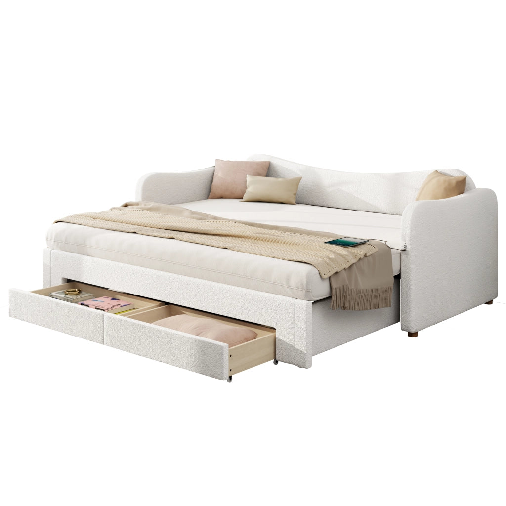 Letto per bambini estensibile 90-180 x 200 cm con 2 cassetti e USB, letto singolo imbottito in boucl¨¦ beige