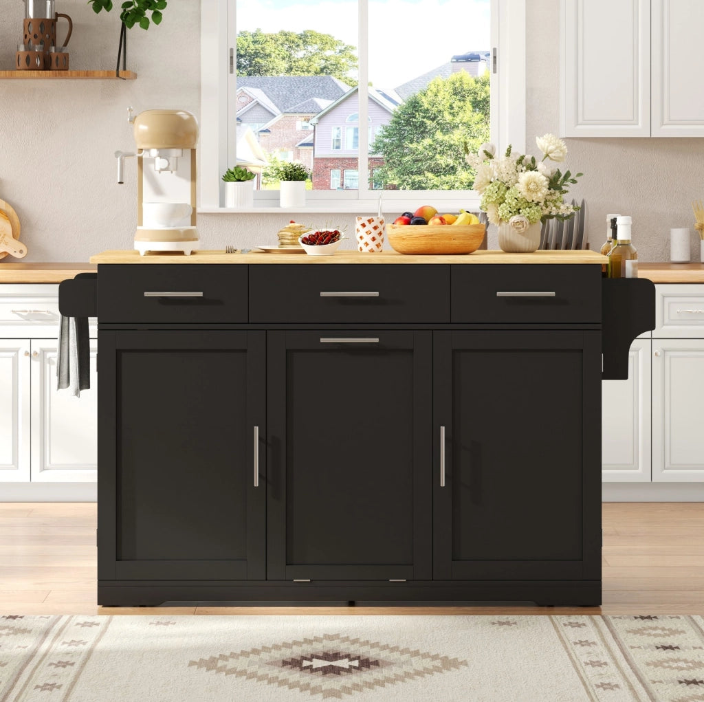 Isola da cucina mobile 136x50/75x92 cm con piano ribaltabile; prese USB; MDF nero/naturale