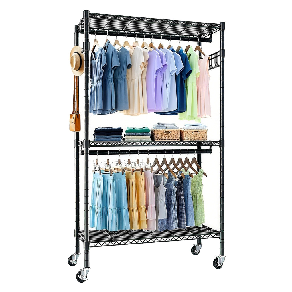 Armadio modulare aperto con 3 ripiani regolabili, 2 aste appendiabiti e ganci per camera da letto, metallo nero