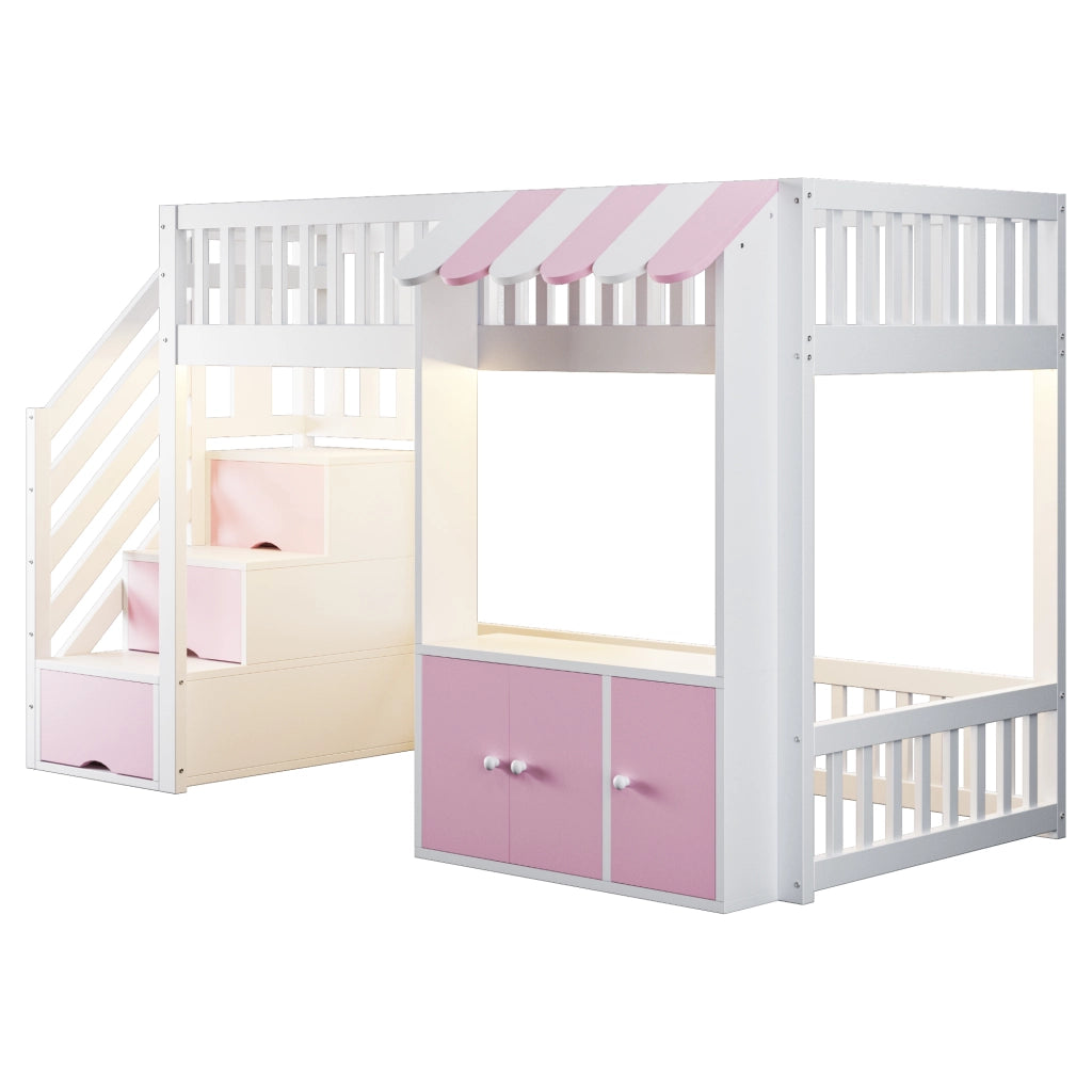 Letto a soppalco in legno 90 x 200 cm con scala contenitore e luci LED multicolore; rosa e bianco