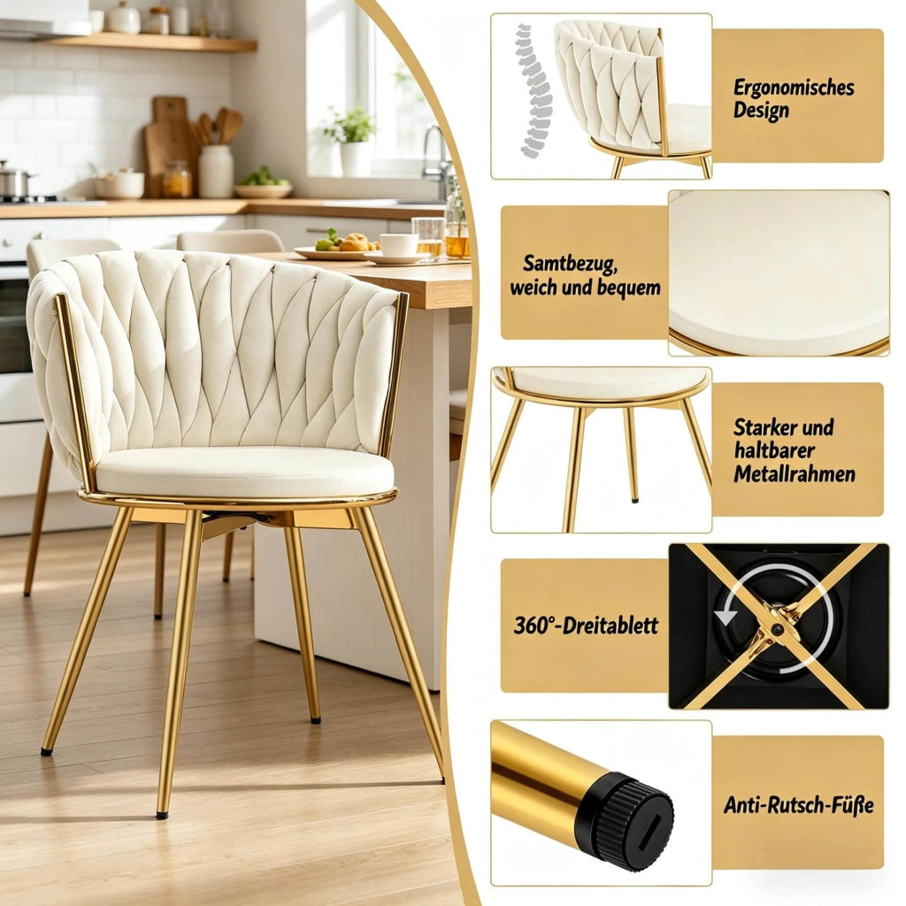 Set da 2 Sedie da Pranzo Girevoli con Schienale Imbottito in Velluto Beige e Struttura in Metallo