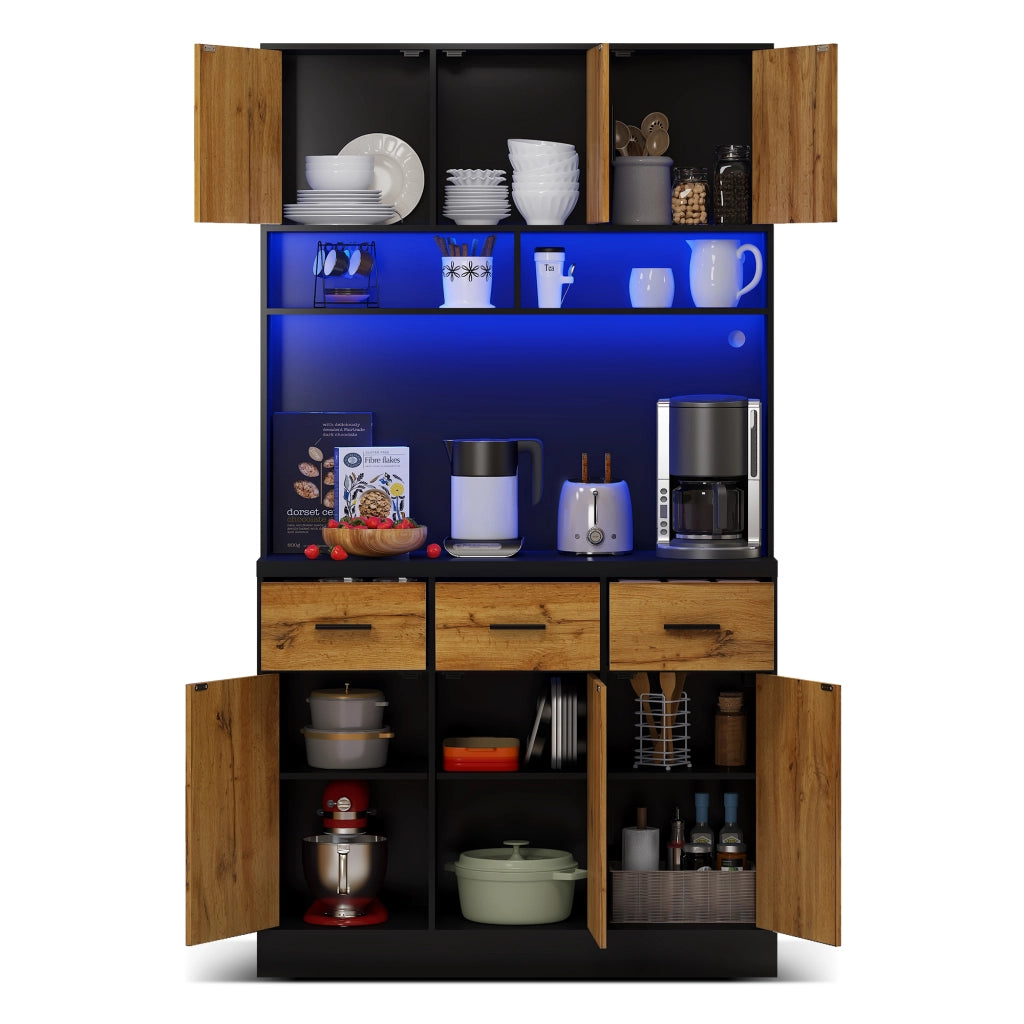 Credenza da cucina alta con LED; 100 x 40 x 180 cm; 6 ante e 3 cassetti; MDF e pannello truciolare; nero e naturale