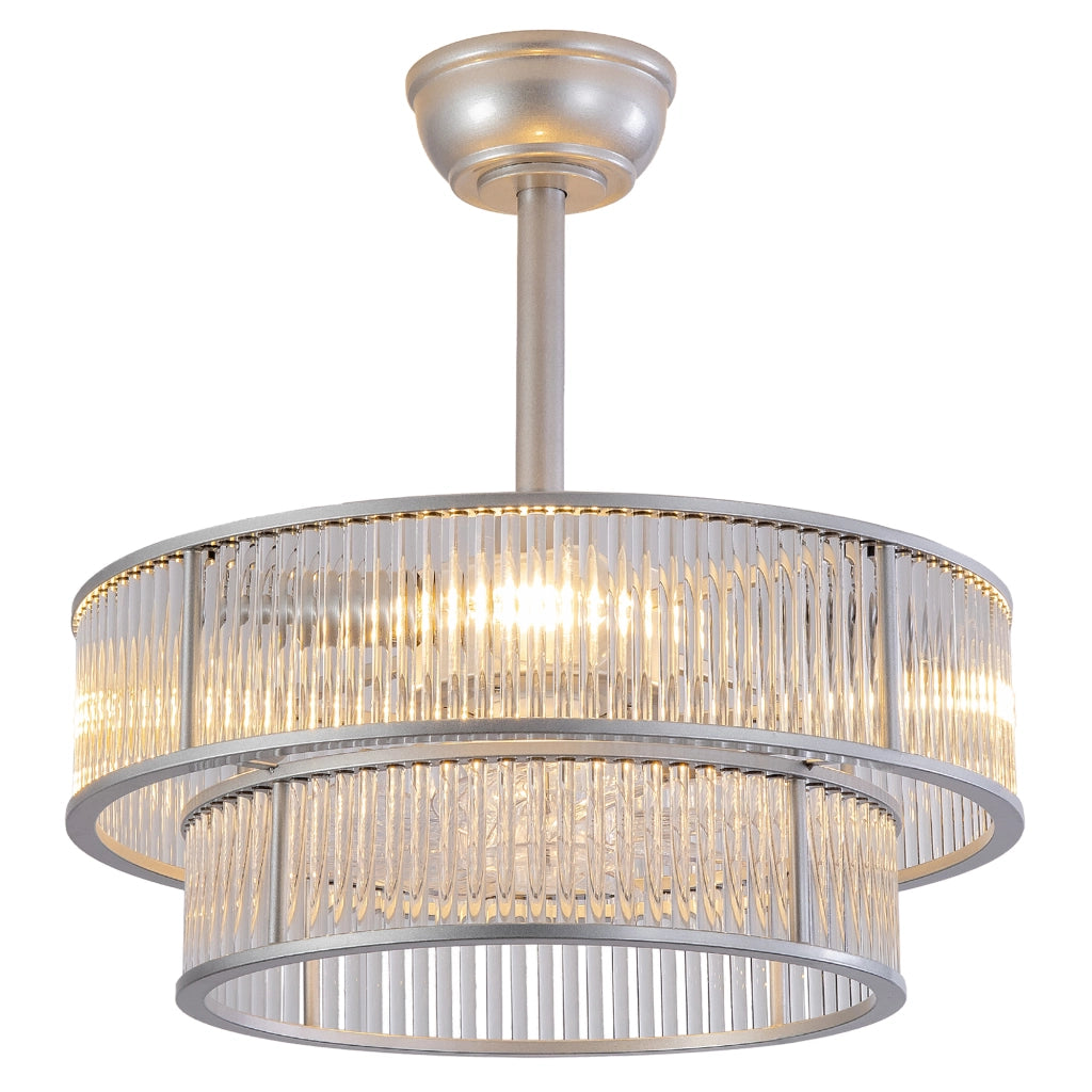 Ventilatore da soffitto con lampada, cristalli e 4 attacchi E26, argento, 53 × 53 × 30 cm, app e telecomando
