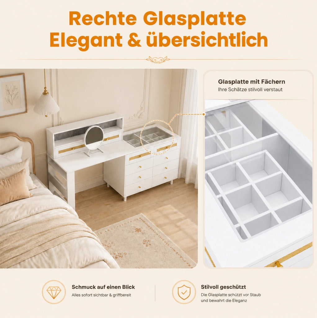 Toeletta ULEVR 105x50x107,5 cm con specchio, 10 cassetti, piano in vetro temprato e dettagli in rattan, bianca