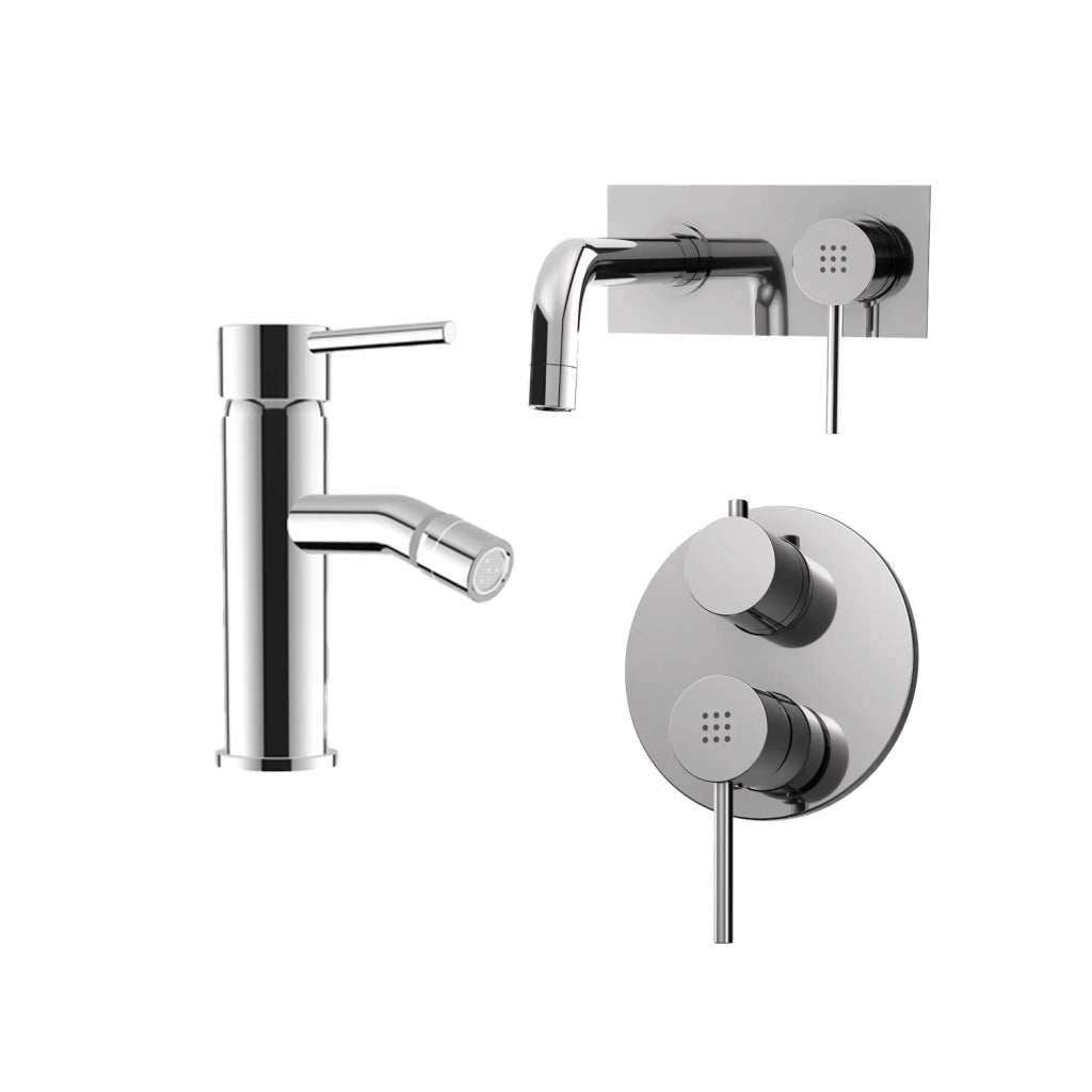 Set miscelatore lavabo ad incasso e bidet senza scarico ed incasso doccia con deviatore in ottone cromato | Ava