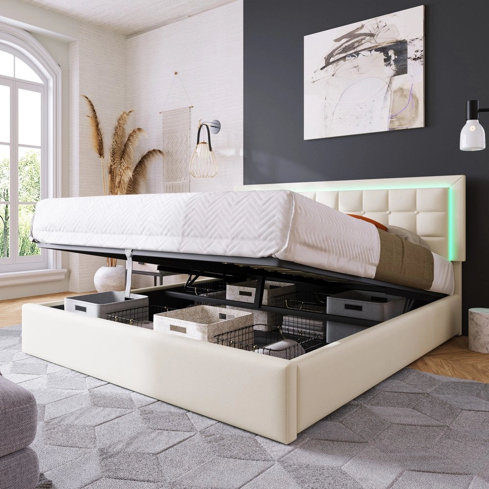 Letto Contenitore Imbottito con LED ¨C MINIMAL ¨C Similpelle Bianco 180x200