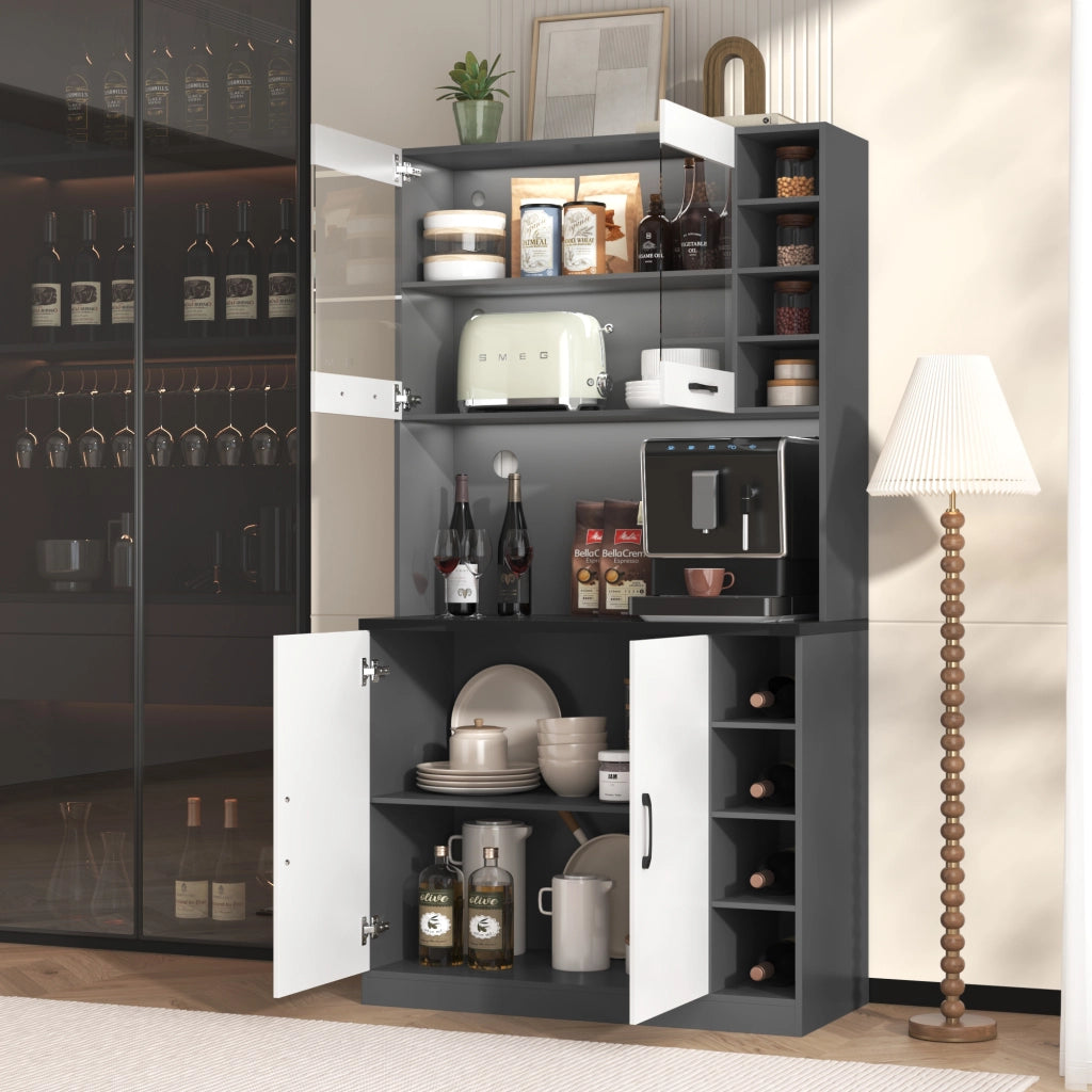 Mobile colonna da cucina con vano per microonde; ripiani regolabili e LED grigio e bianco 100 × 47 × 187 cm