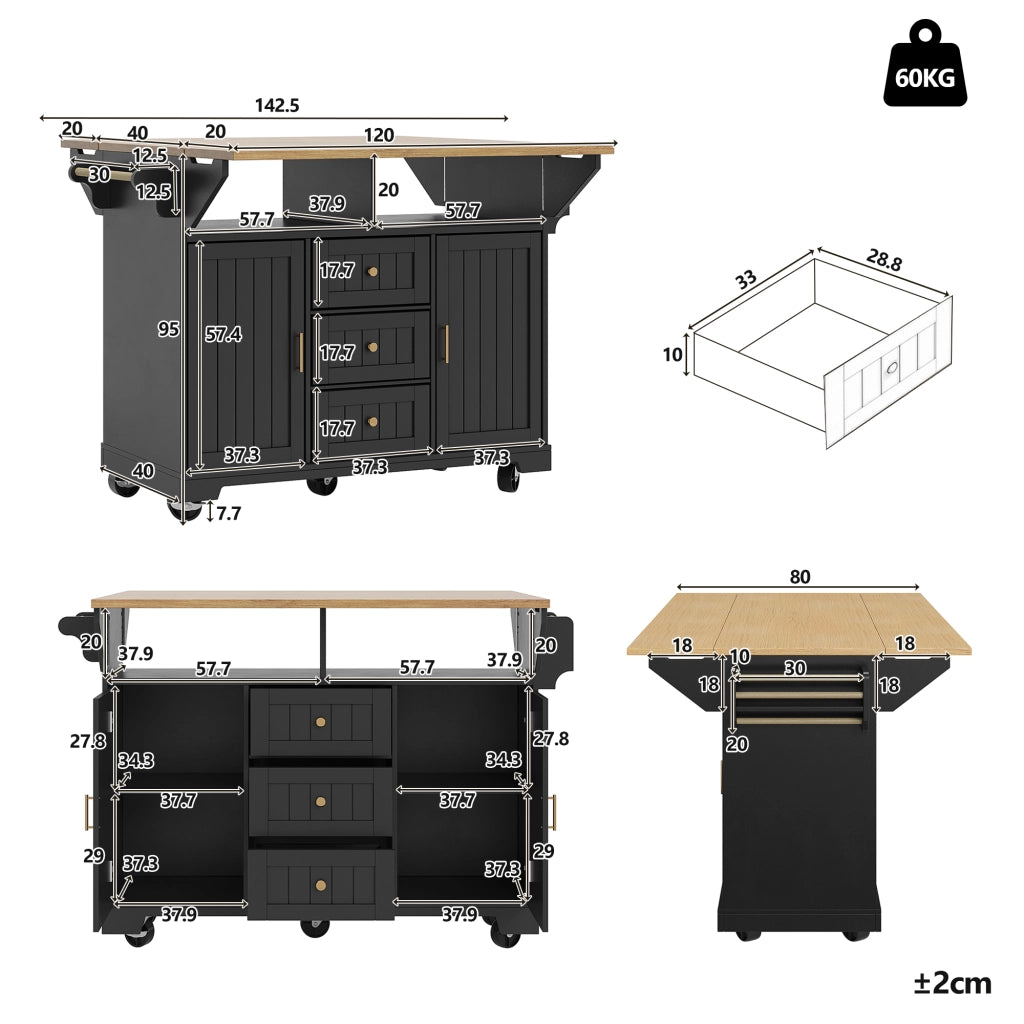 Mobile base da cucina con piano pieghevole su due lati; 3 cassetti; 2 ante; ruote e ripiani regolabili