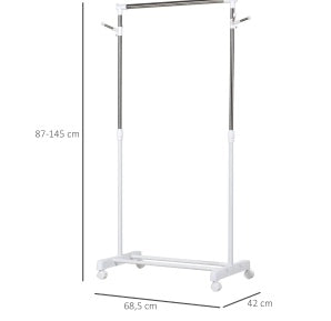 Appendiabiti mobile regolabile in altezza con ripiano inferiore e 4 ruote, bianco