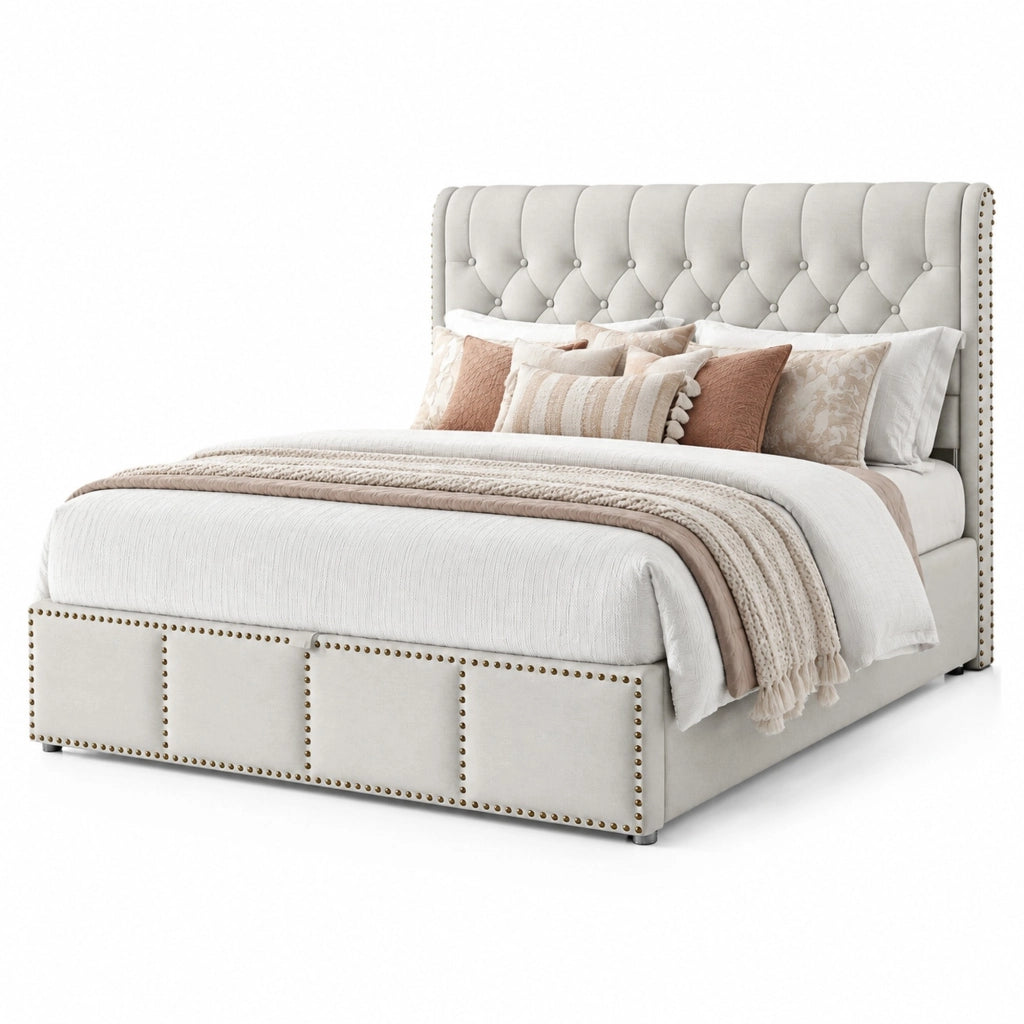 Letto imbottito con vano contenitore 140 × 190 cm; lino grigio