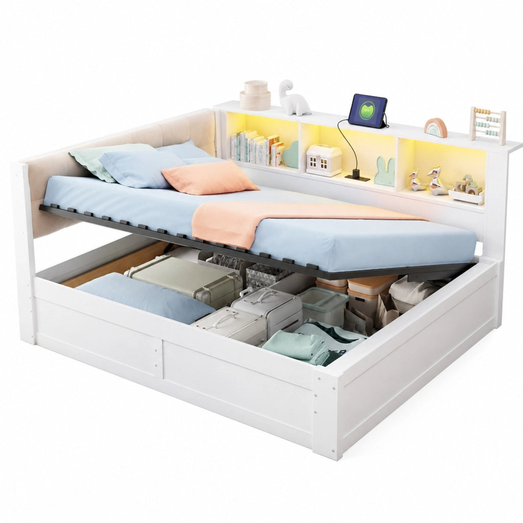 Letto daybed 140x200 cm con contenitore idraulico; LED dimmerabile e porta USB bianco HOMVRA