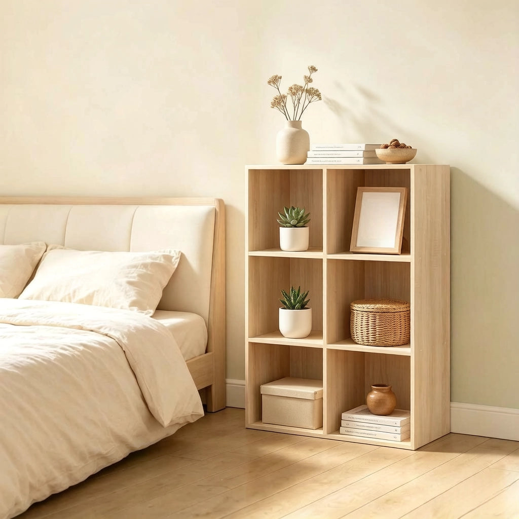 libreria aperta a cubi in legno ingegnerizzato E1 con 6 vani, scaffale multifunzione per casa e ufficio, rovere