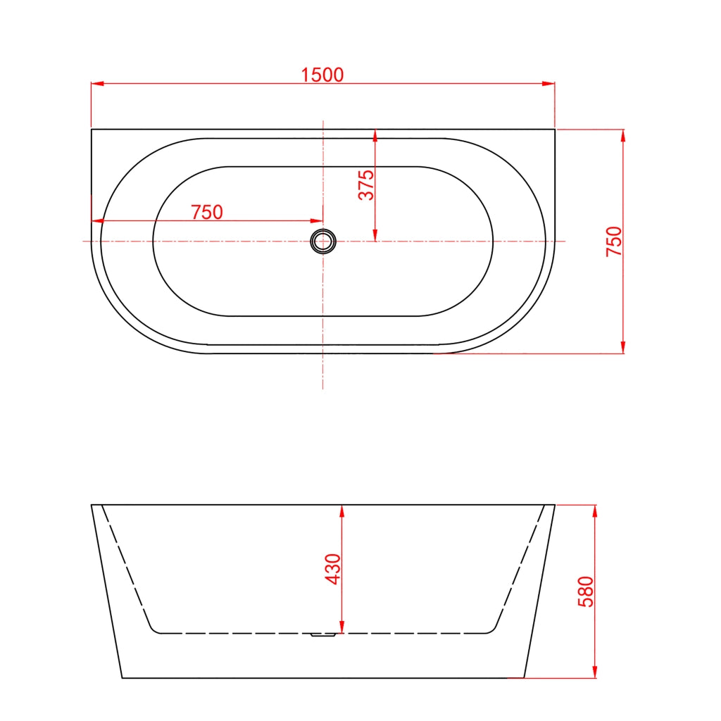 Vasca a Isola o da Parete 150x75x58 cm Vasca da Bagno Semi-Freestanding in Acrilico Bianco Ovale