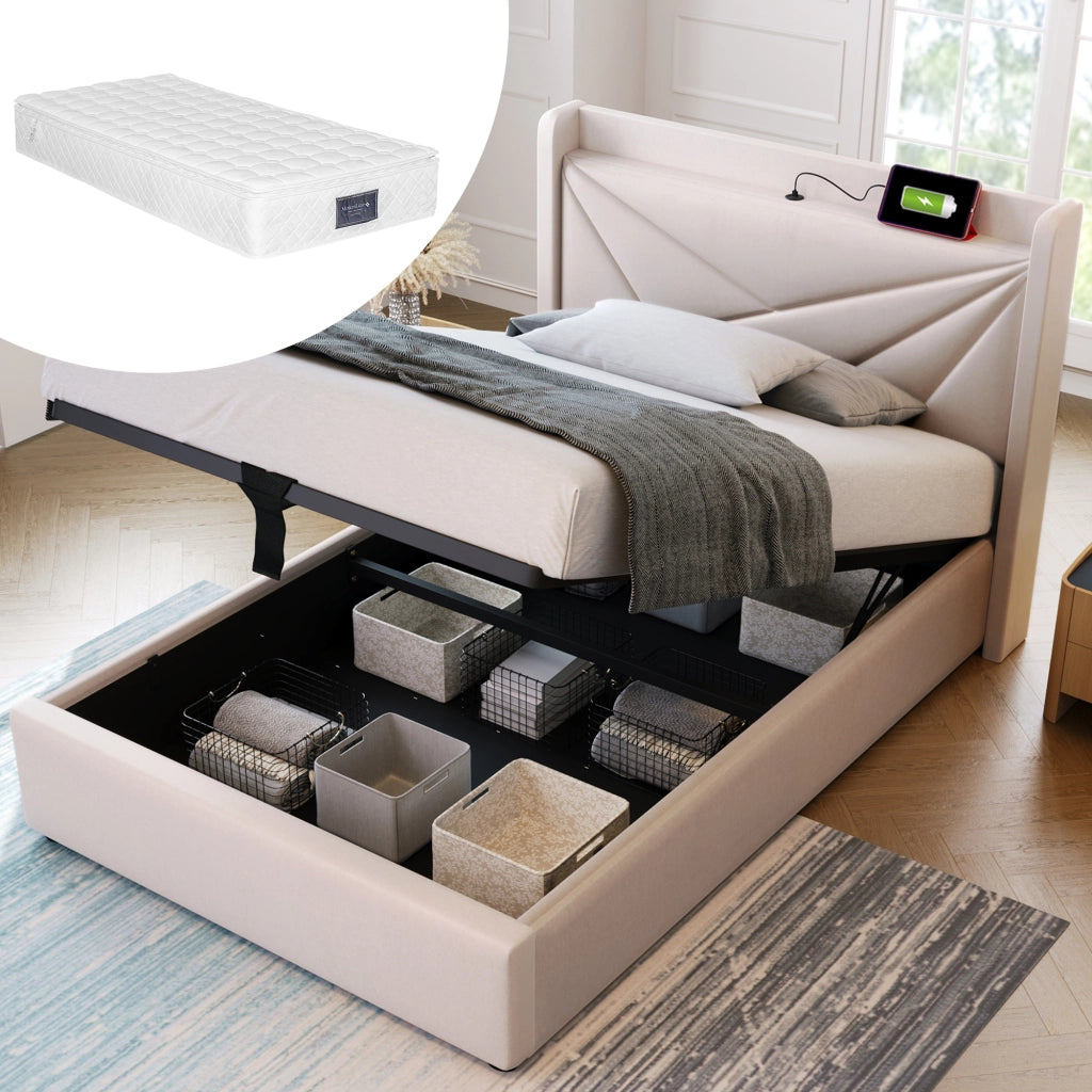 Letto singolo contenitore 90x200 beige con testiera geometrica