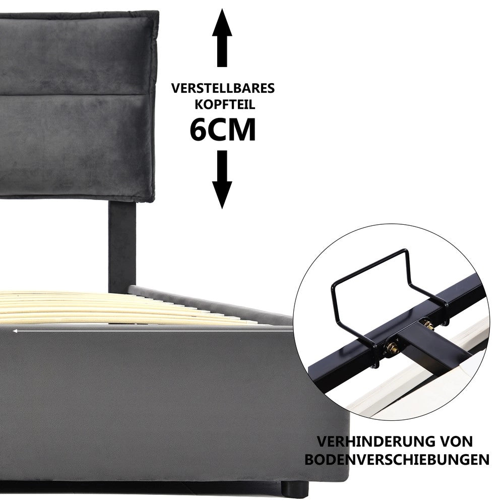 Letto imbottito contenitore matrimoniale ¨C Minimal ¨C Grigio velluto 140x200 cm con rete a doghe in metallo