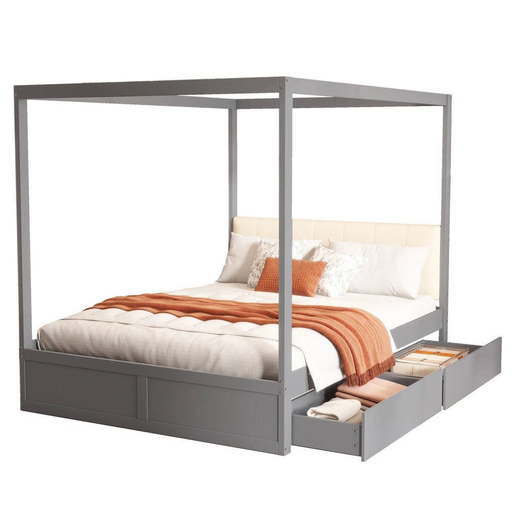 Letto a tenda 140x200 cm con due cassetti; schienale imbottito e struttura in legno; grigio e bianco